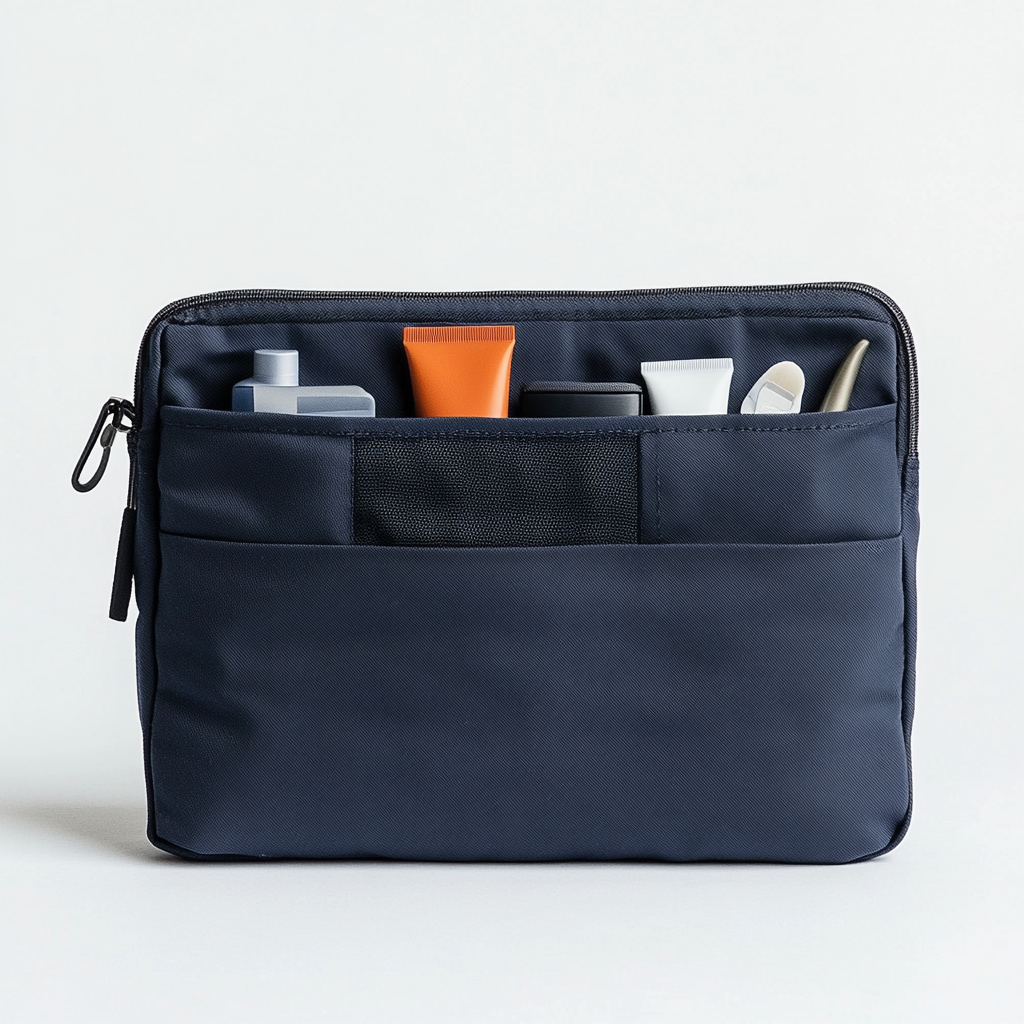 Kledy Slim Toiletry Bag for Carry-on Luggage - Flat Profile Travel Organizer - Space-Saving Lightweight Wash Bag for Backpacking - Navy Blue
