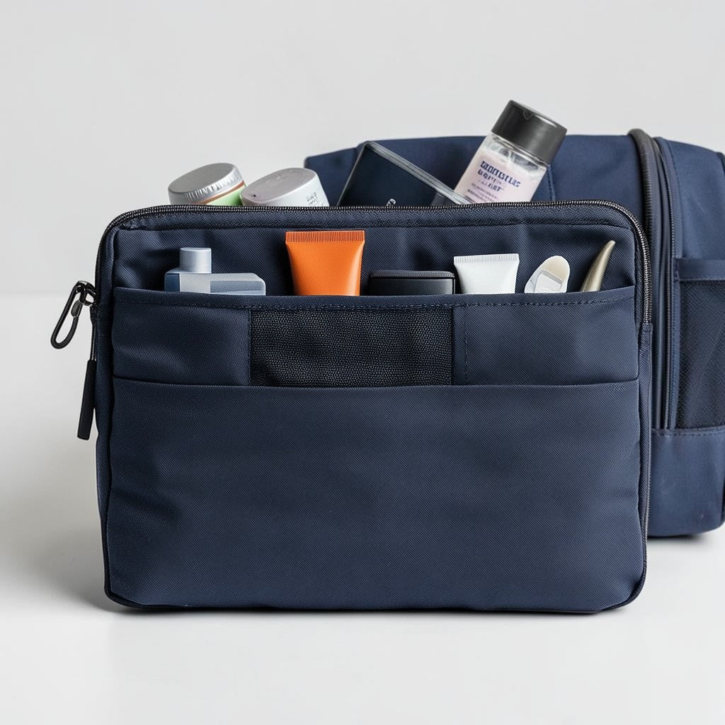 Kledy Slim Toiletry Bag for Carry-on Luggage - Flat Profile Travel Organizer - Space-Saving Lightweight Wash Bag for Backpacking - Navy Blue
