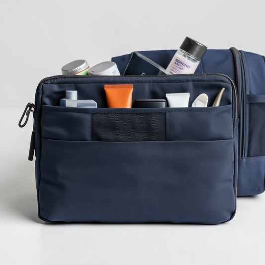 Kledy Slim Toiletry Bag for Carry-on Luggage - Flat Profile Travel Organizer - Space-Saving Lightweight Wash Bag for Backpacking - Navy Blue