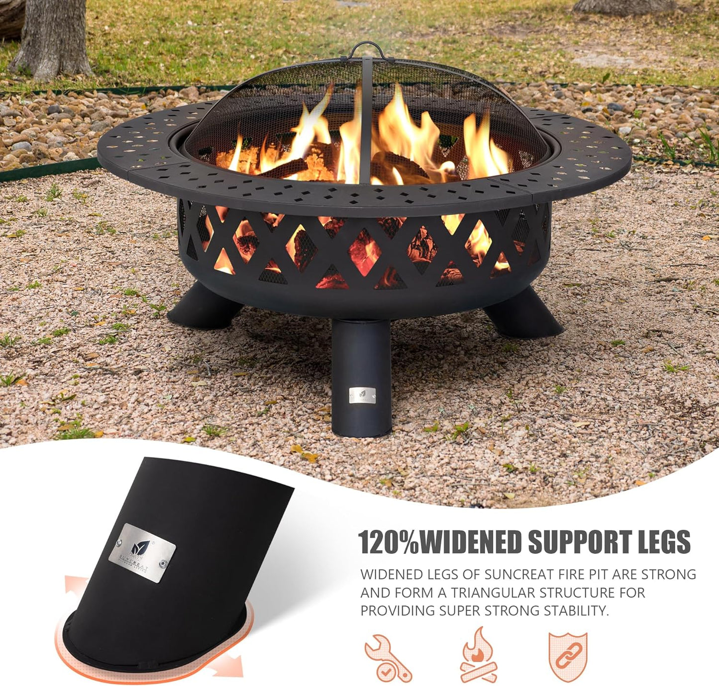 SUNCREAT 42” Patio Fire Pit Wood Burning with Mesh Spark Screen, Bonfire Outdoor firepit with Fireplace Poker, Black